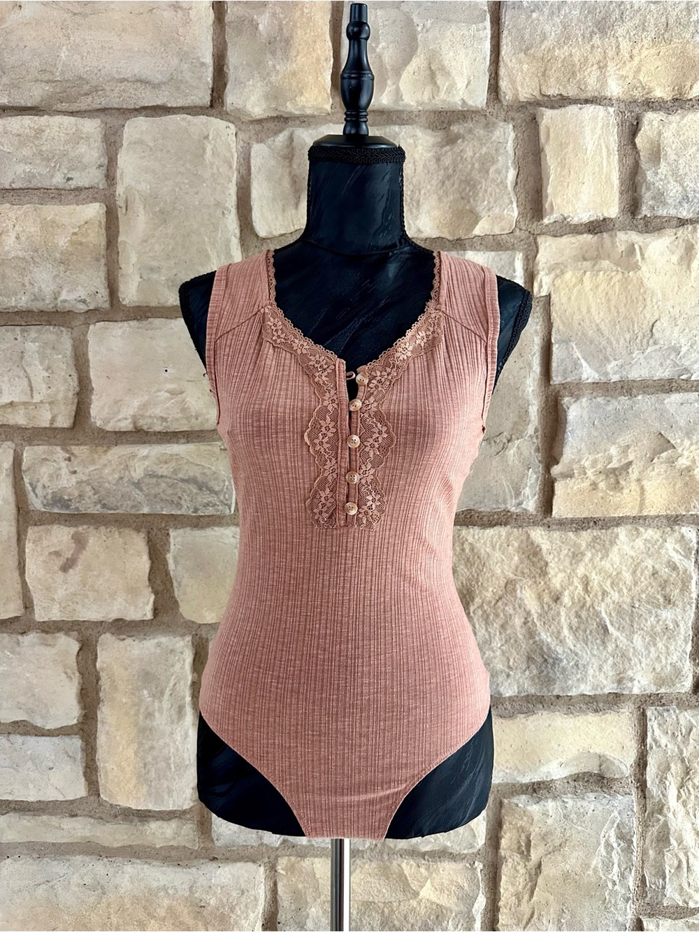 Self Esteem Lace-Trim Ribbed Bodysuit in Dusty Rose